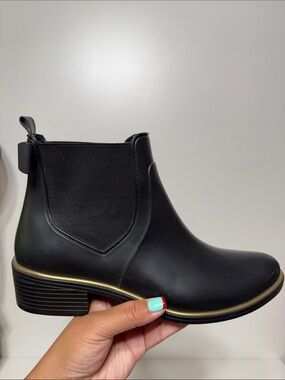Kate Spade Edinburg Black Chelsea Ankle Rain Boots with Gold Trim